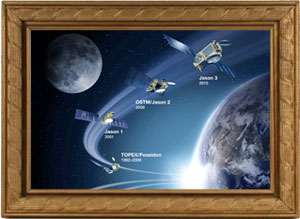 Artist's concept of Jason legacy spacecraft inside an ornate picture frame
