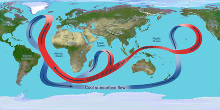 Illustration depicting the overturning circulation of the global ocean. Throughout the Atlantic Ocean, the circulation carries warm waters (red arrows) northward near the surface and cold deep waters (blue arrows) southward. Image credit: NASA/JPL