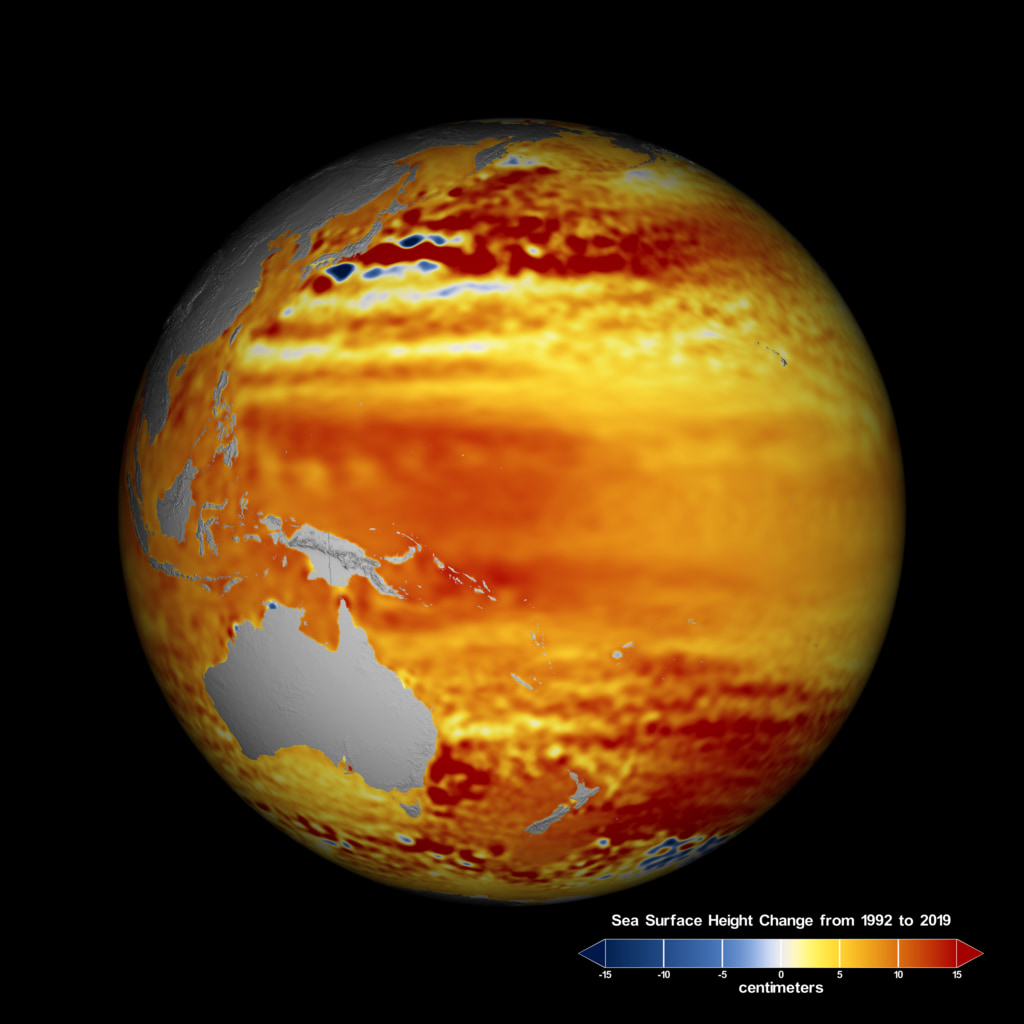 A visualization of sea surface height change in the Pacific region.