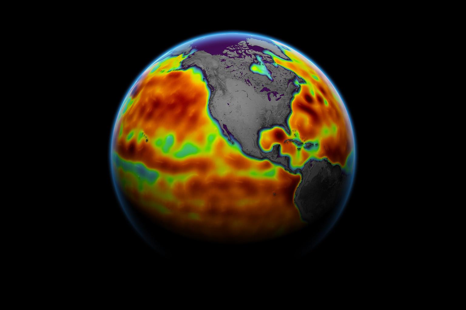 An image of sea level data on a globe, showing where the sea surface height is higher or lower.