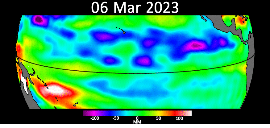 This animation shows a series of waves, called Kelvin waves, moving warm water across the equatorial Pacific Ocean from west to east during March and April. The signals can be an early sign of a developing El Niño, and were detected by the Sentinel-6 Michael Freilich sea level satellite.

Credits: NASA/JPL-Caltech
