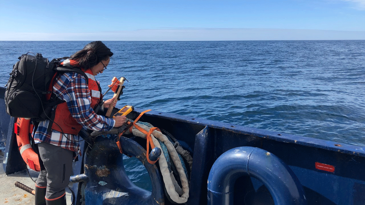 



Kelly Luis, a NASA postdoctoral program fellow at NASA’s Jet Propulsion Laboratory in Southern California, uses a handheld instrument called the Spectral Evolution to measure water color during the Sub-Mesoscale Ocean Dynamics Experiment (S-MODE) mission.

Credit: NASA/Avery Snyder 


