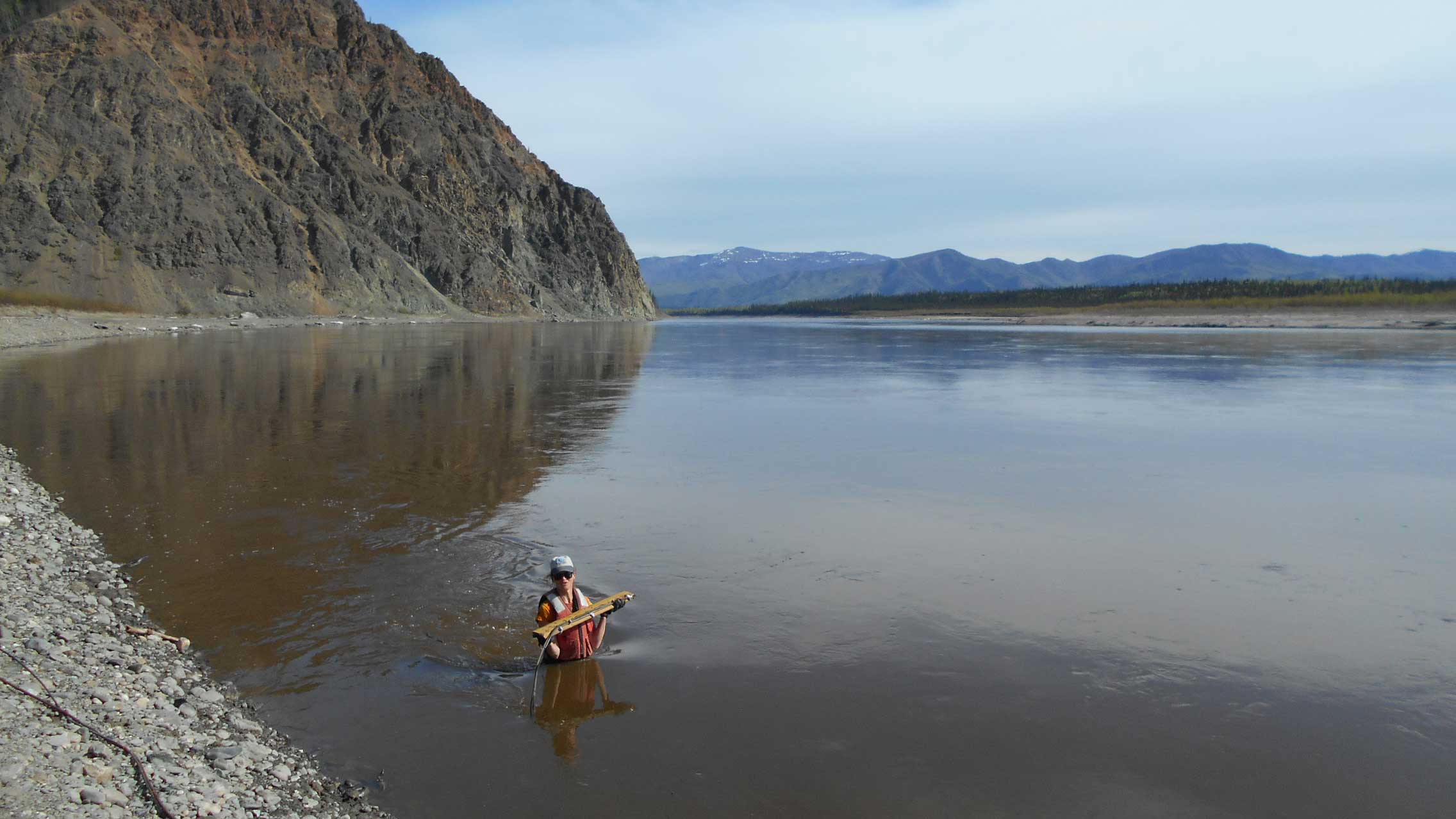 USGS hydrologist Heather Best makes a wading stream measurement at a gauge monitoring station in Alaska. The state’s size, rugged terrain, and limited transportation infrastructure make traditional stream gauging cost prohibitive.

Credit: Derek Frohbieter, North Carolina Association of Floodplain Managers
