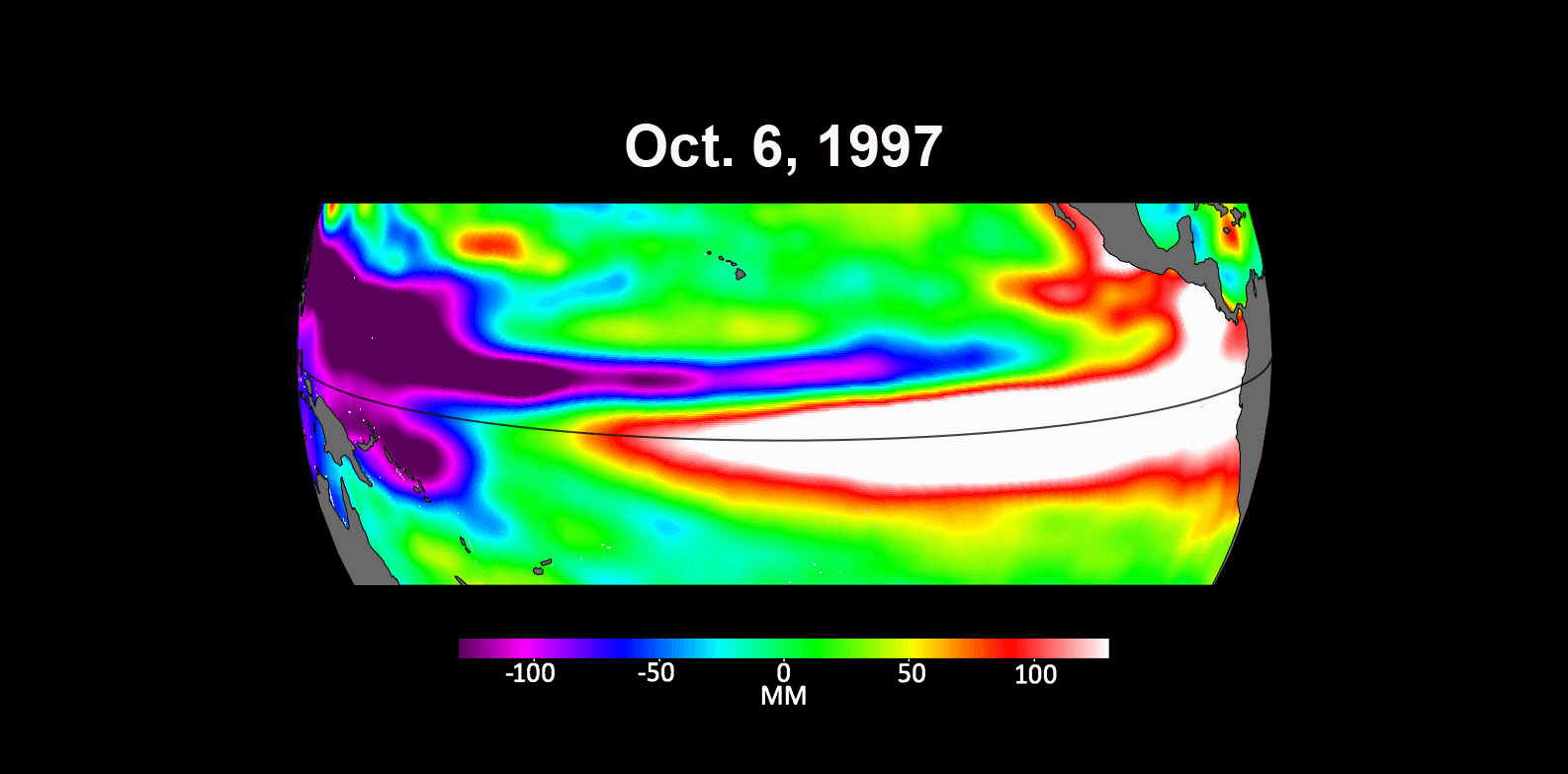  

The maps above show sea levels in the Pacific Ocean during early October of 1997, 2015, and 2023, in the run up to El Niño events. Higher-than-average ocean heights appear red and white, and lower-than-average heights are in blue and purple.

NASA/JPL-Caltech
