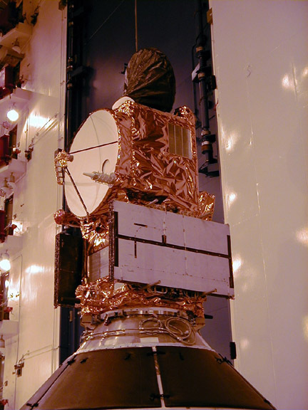 These photos were taken during the Payload Attach Fitting (PAF) mating operation with Jason-1. (11/14/01) Photos: Scott Michel