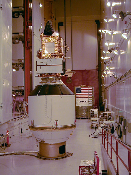 These photos were taken during the Payload Attach Fitting (PAF) mating operation with Jason-1. (11/14/01) Photos: Scott Michel