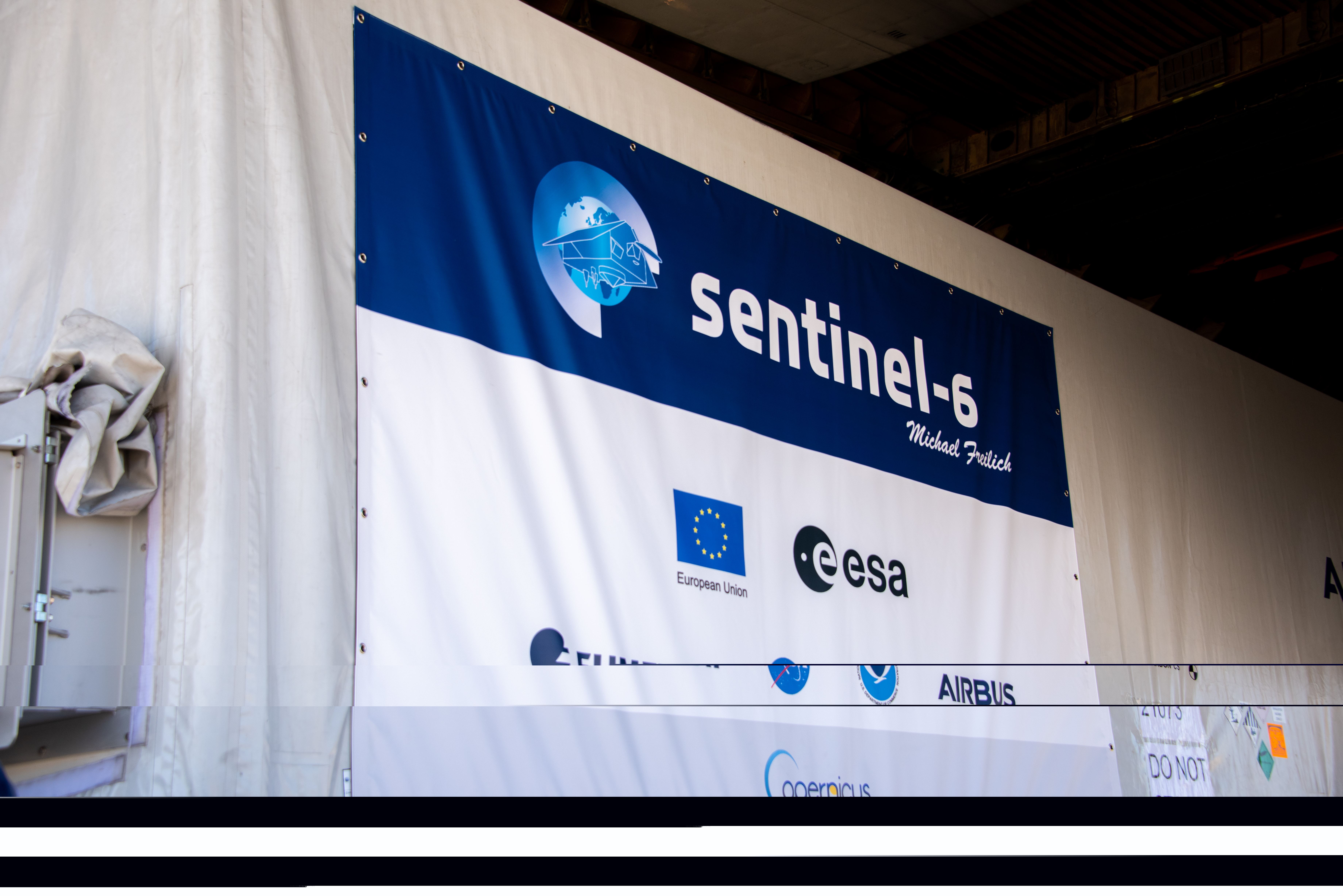 A photo of the banner on the side of Sentinel-6 Michael Freilich's container.